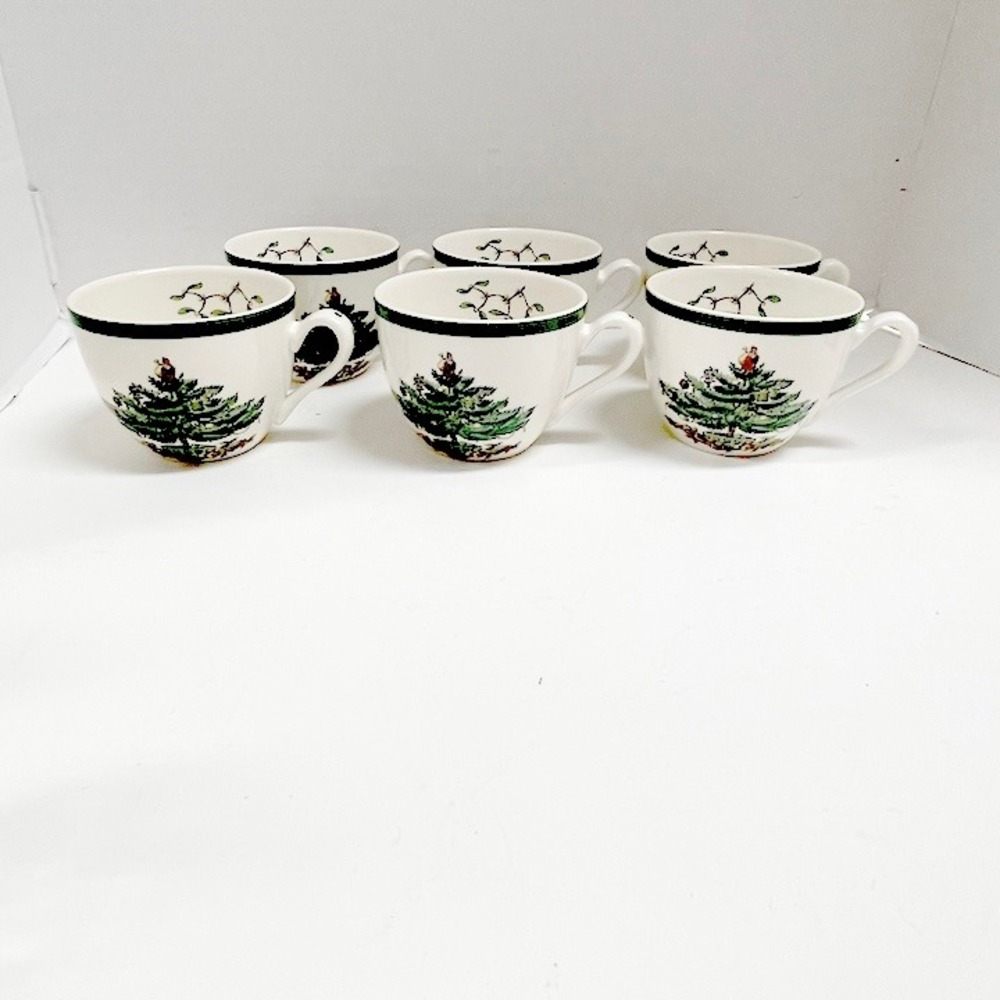 Vintage Spode Christmas Tree Teacups Coffee Cups Set of 6 Made in England No Box